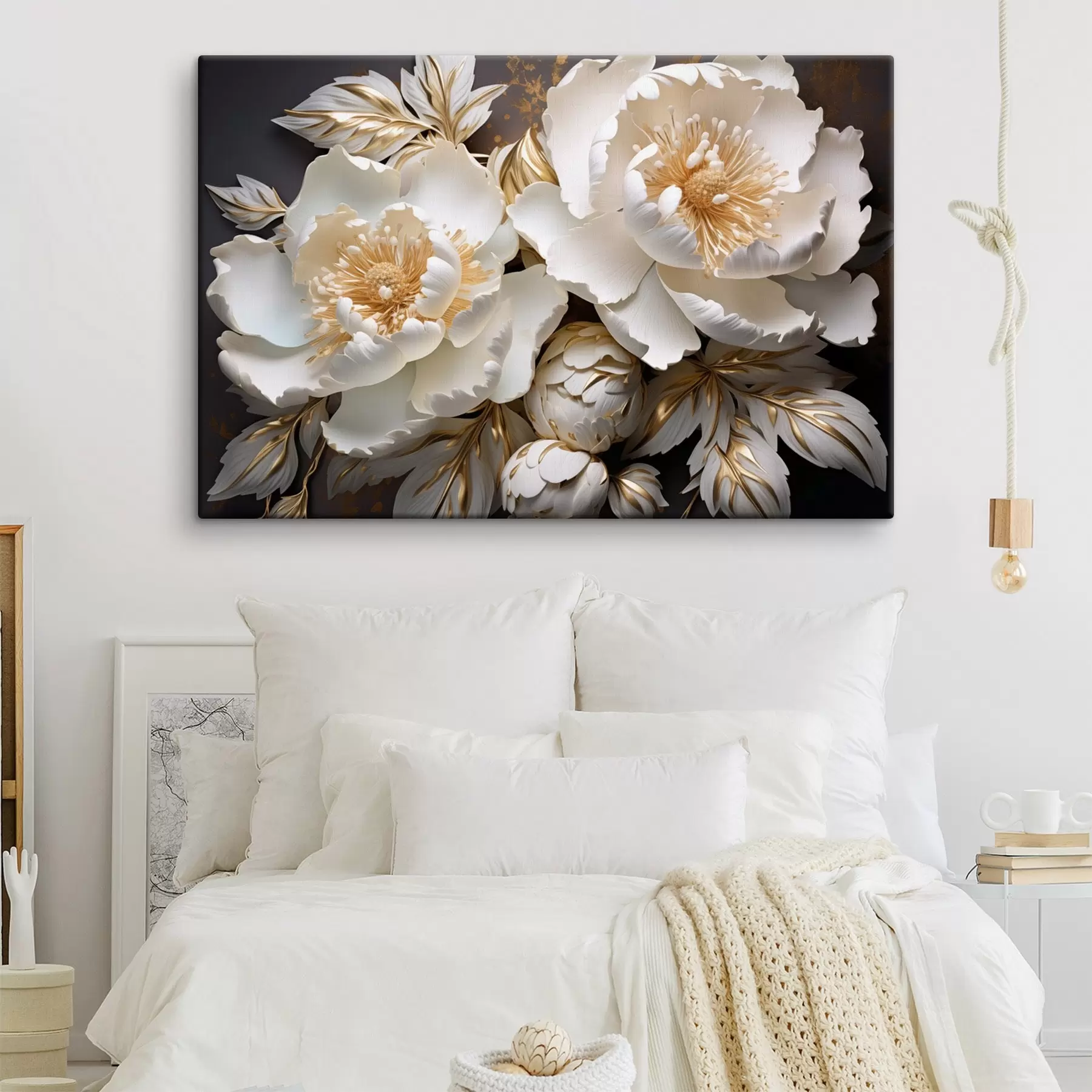 fototapet Bujor alb și galben cu frunze, detalii complicate, artă decorativă, fundal întunecat s43399