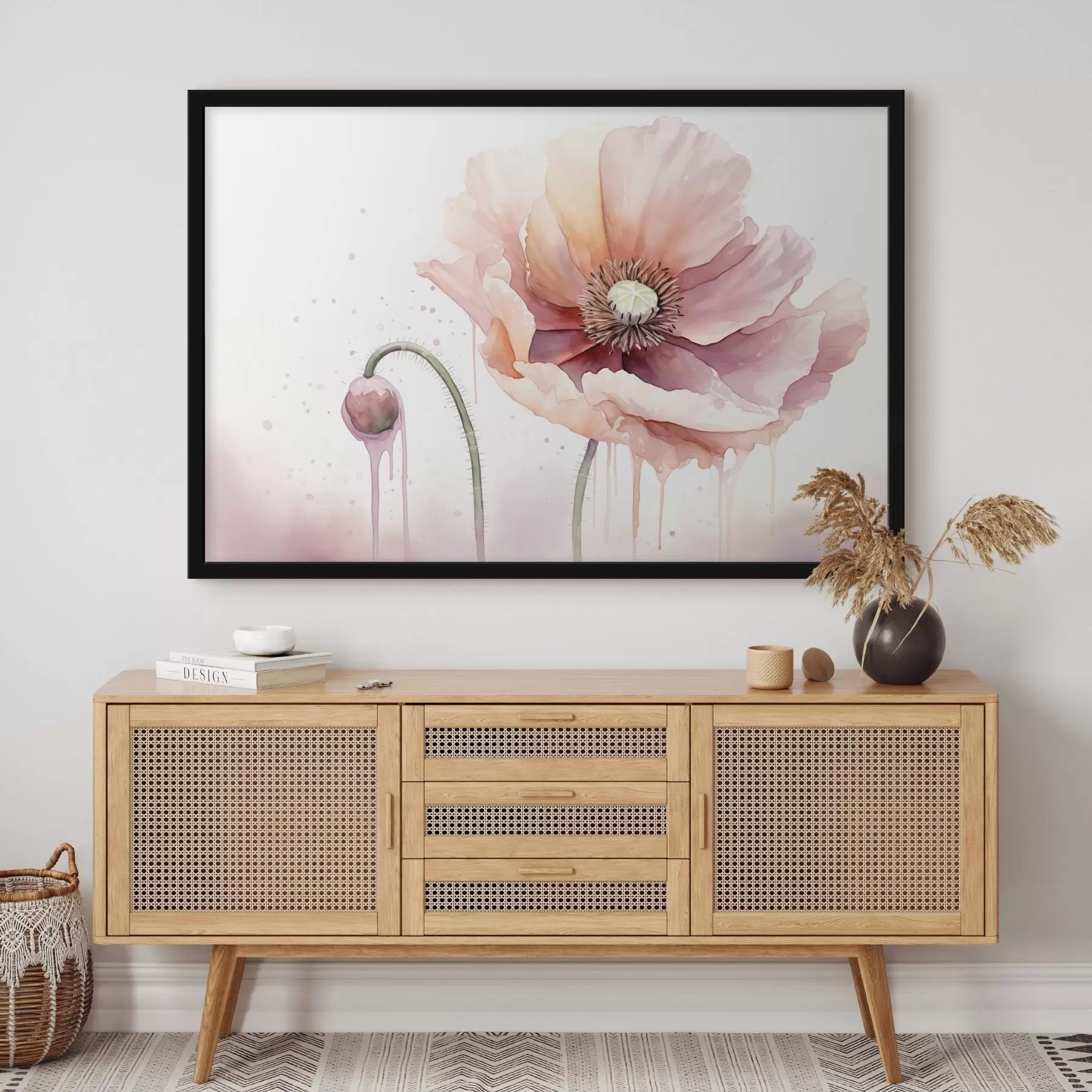 fototapet O floare de mac roz cu un mugur pe un fundal alb, imitație de pictură acuarelă cu picături, culori moi f43402