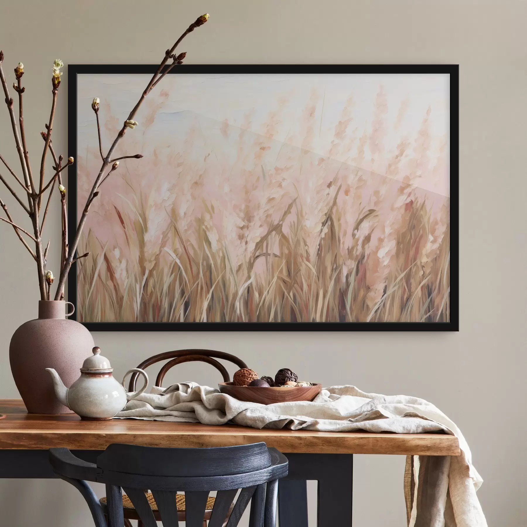 Tablouri Pampas câmp de iarbă cu tonuri roz și maro, brushstrokes moale, abstract pictura in ulei arta imitație f43403