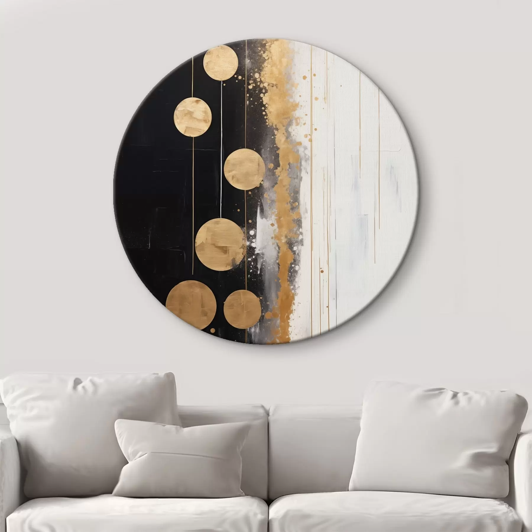 Tablouri Artă abstractă cu cercuri galbene agățate pe fundal alb-negru cu pete albe și galbene r43410