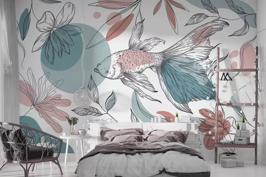 fototapet Linie de desen pește cu flori, minimalism, marin, floral, albastru și roz  w03448v1