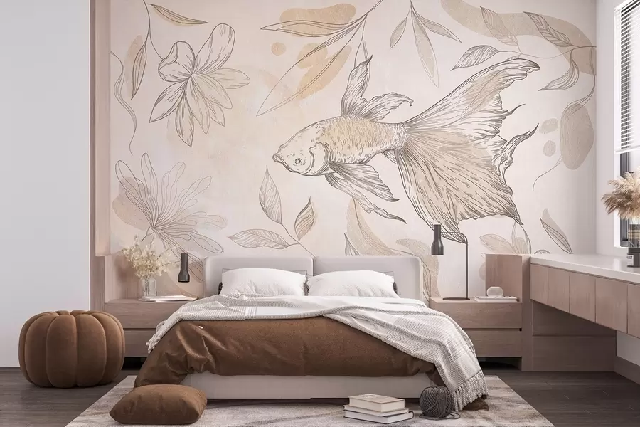 fototapet Pește cu elemente florale, fundal bej, desen liniar w03517