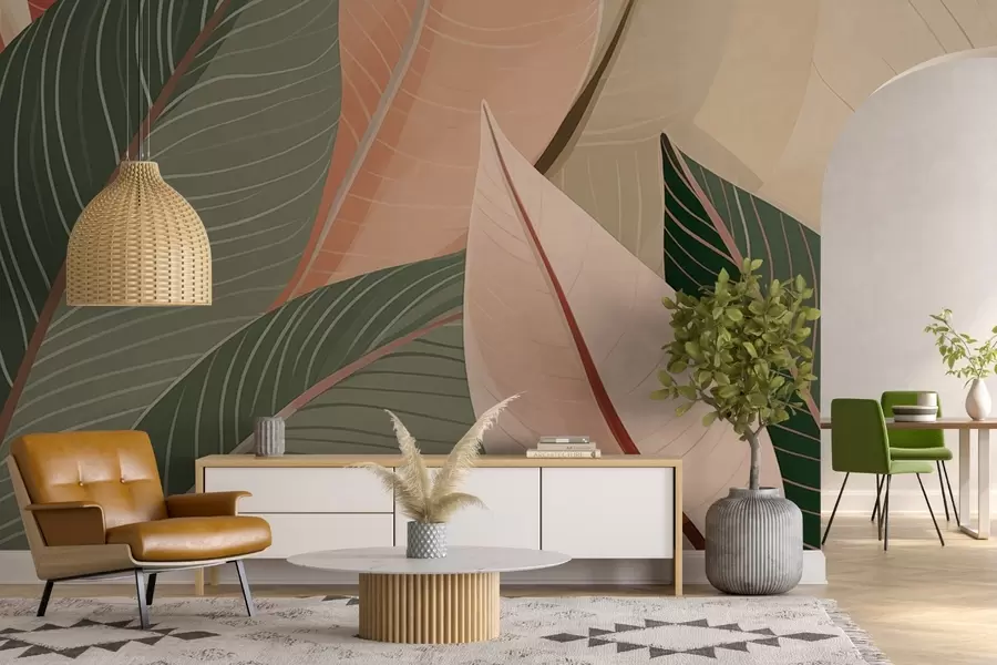 fototapet Close-up de frunze în culorile verde măsliniu și roz-crem w08944