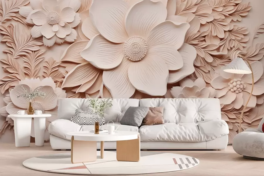 fototapet Flori și frunze bej cu efect de relief w08933