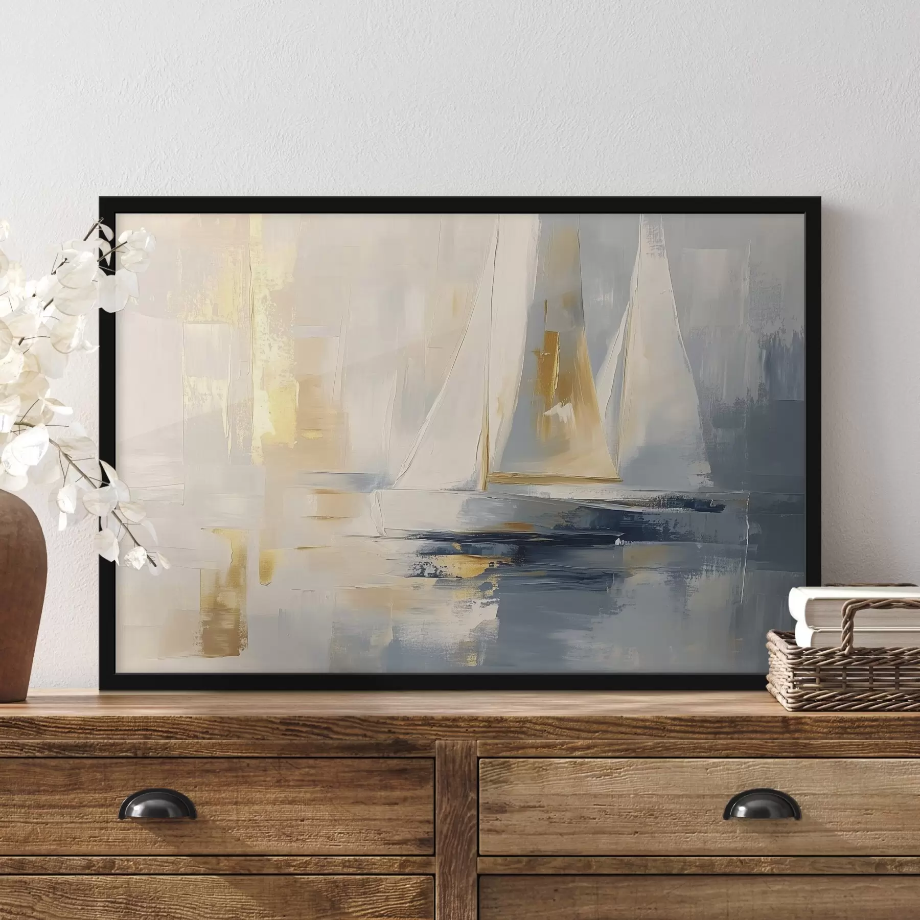 fototapet Abstracție cu bărci cu pânze în mare, stil acrilic, apus de soare f43500