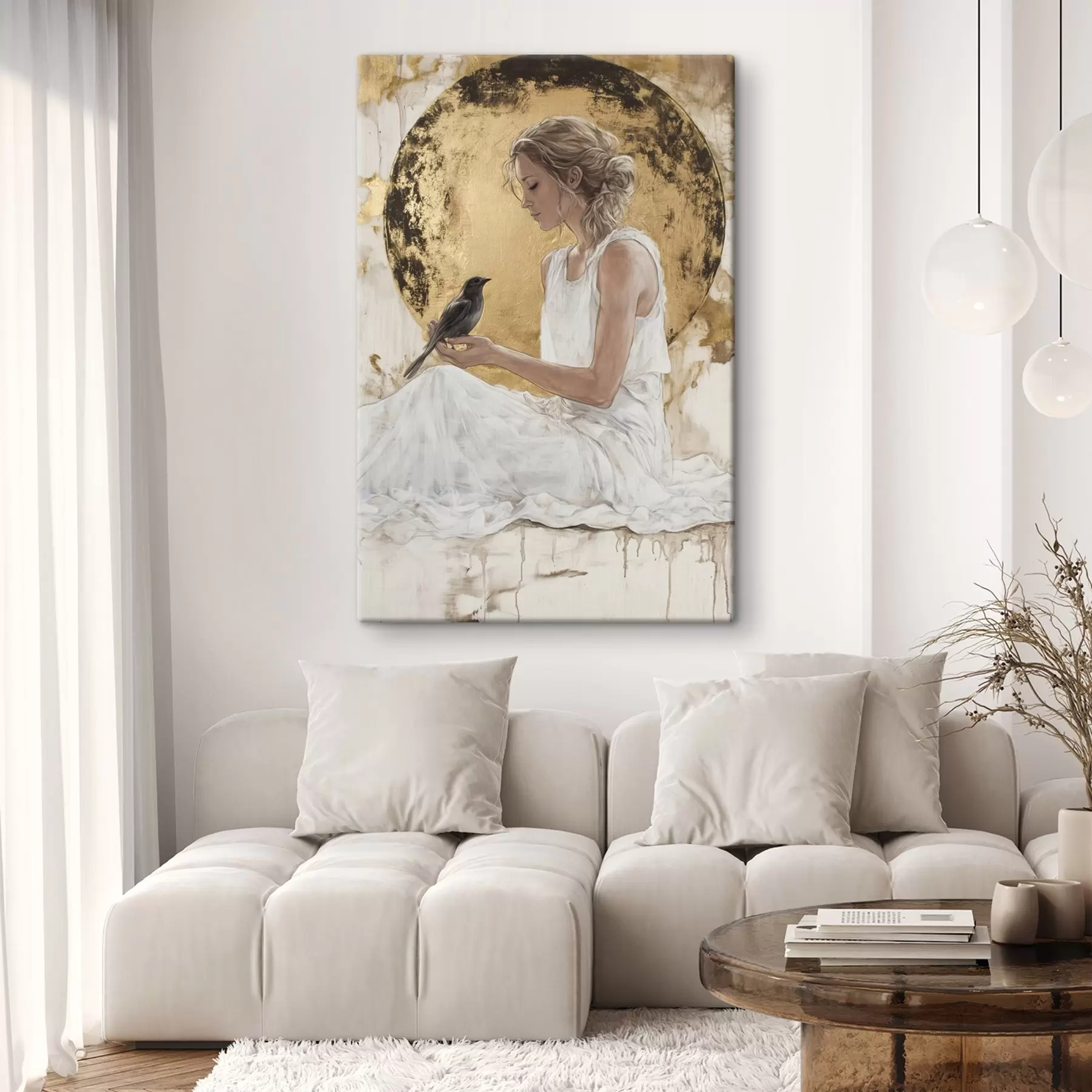 Tablouri Femeie frumoasă cu pasăre, Grecia, desen în stil acrilic s43503