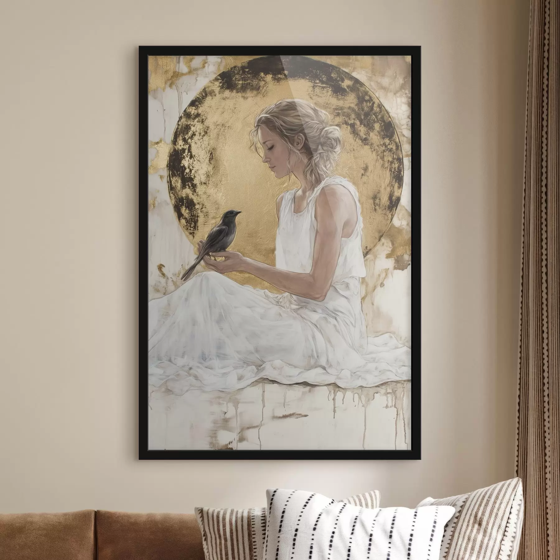 fototapet Femeie frumoasă cu pasăre, Grecia, desen în stil acrilic f43503