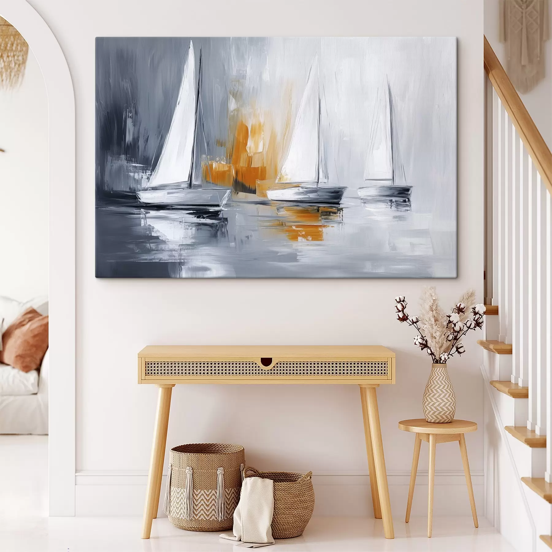 fototapet Bărci cu vele, abstracție, desen în stil acrilic, gri și portocaliu s43499