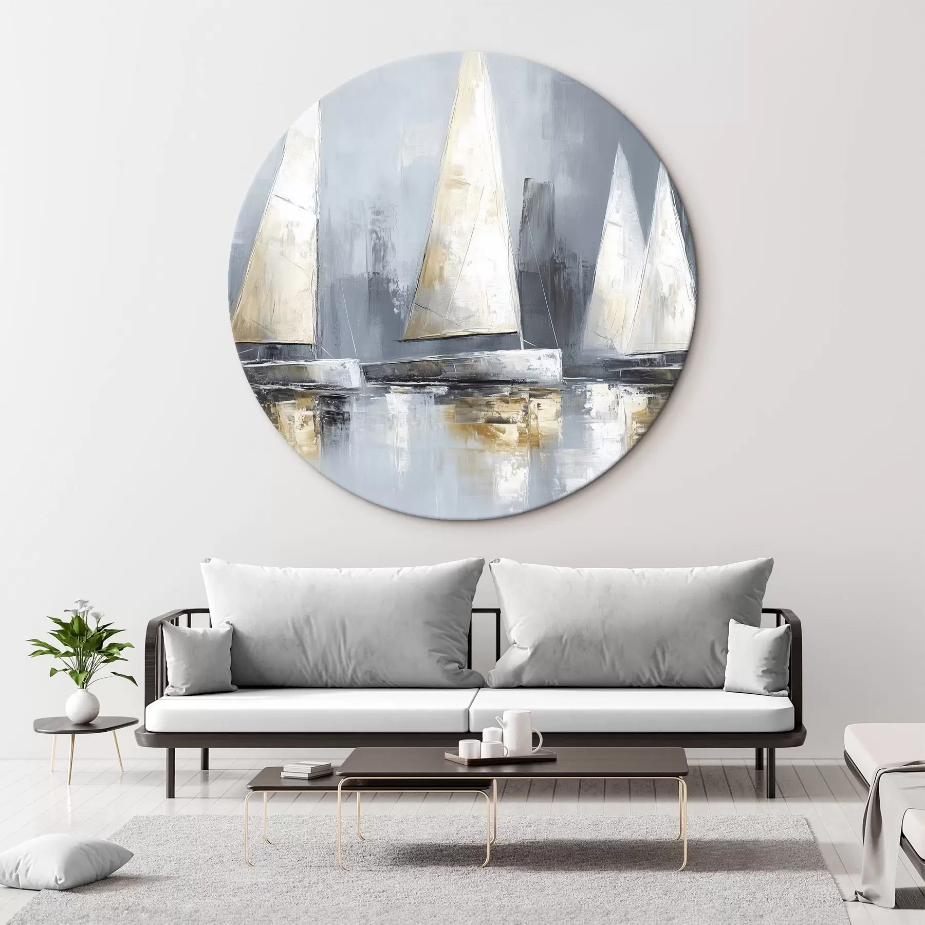 Tablouri Bărci cu vele cu reflexii în apă, desen în stil ulei, culori gri r43506