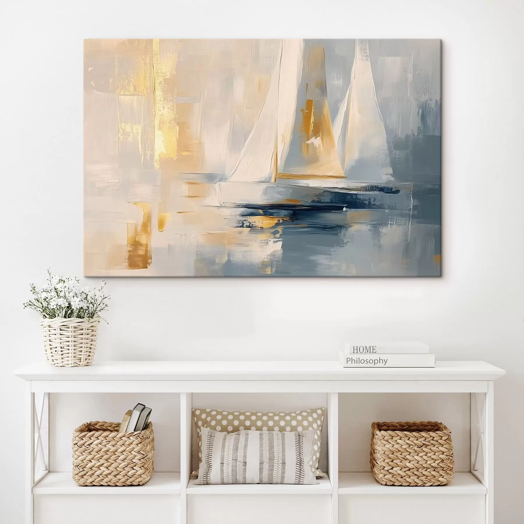 fototapet Abstracție cu bărci cu pânze în mare, stil acrilic, apus de soare s43500