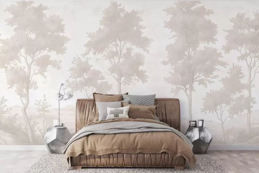 fototapet Copaci pe deal, desen în stil pastel, culori bej, rustic w03550