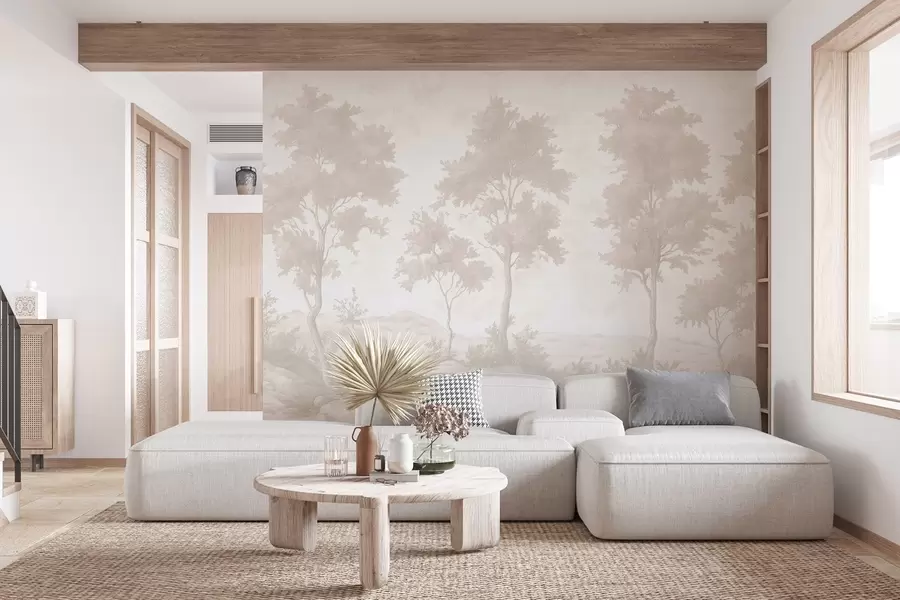 fototapet Copaci pe deal, desen în stil pastel, culori bej, rustic w03550