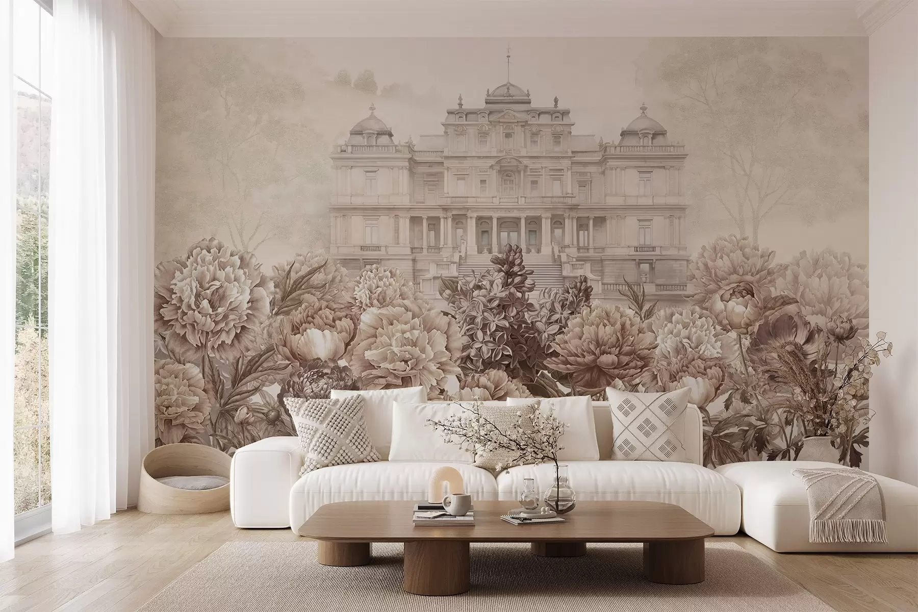 fototapet Palat regal cu grădină de bujori, stil acuarelă, natură, culori bej, boho w03552