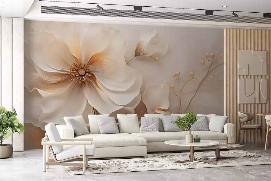 fototapet Ierburi sălbatice bej și maro deschis cu flori în tonuri bej w08960