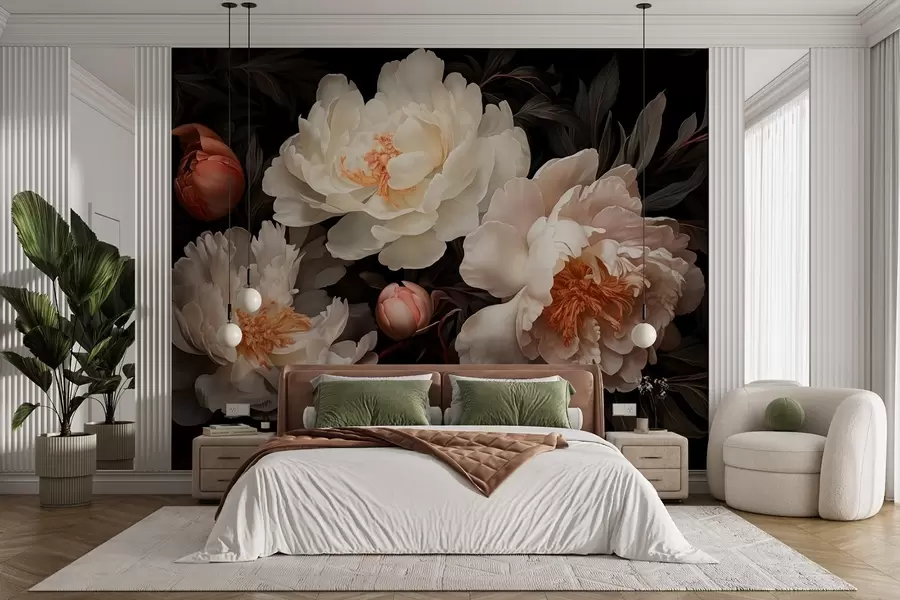 fototapet Bujori mari albi cu muguri roșii pe un fundal închis w08965