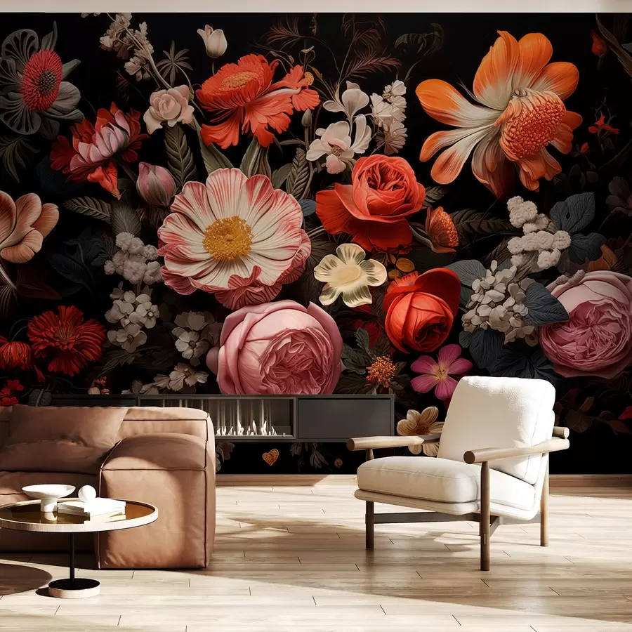 fototapet Buchet colorat de flori diferite pe un fundal întunecat în tonuri calde w08969