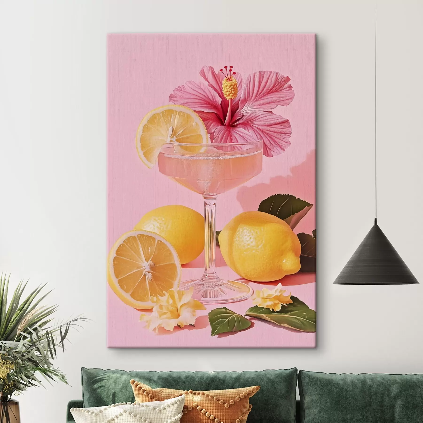 Tablouri Cocktail roz cu flori de hibiscus, lămâi, realism s43893