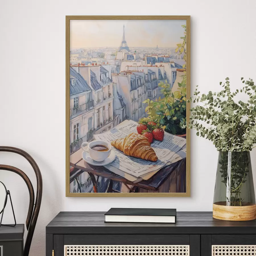 fototapet Răsărit de soare pe balcon în Paris, Turnul Eiffel, căpșuni, cafea, jurnal f43890