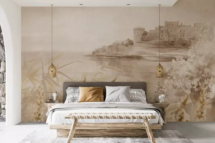 fototapet Peisaj vintage texturat cu un castel pe o stâncă cu vedere la mare, cu flori de lavandă în culori atenuate w08975v1