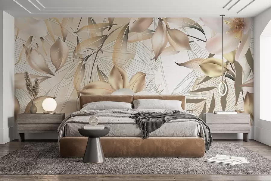 fototapet Flori și frunze de iasomie, culori moi, ilustrație botanică, fundal floral, design elegant, petale delicate w08977