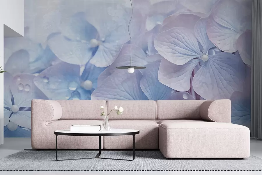 fototapet Vintage texturat albastru și roz flori de hortensie cu picături de apă pe petale, blurred fundal roz w08981