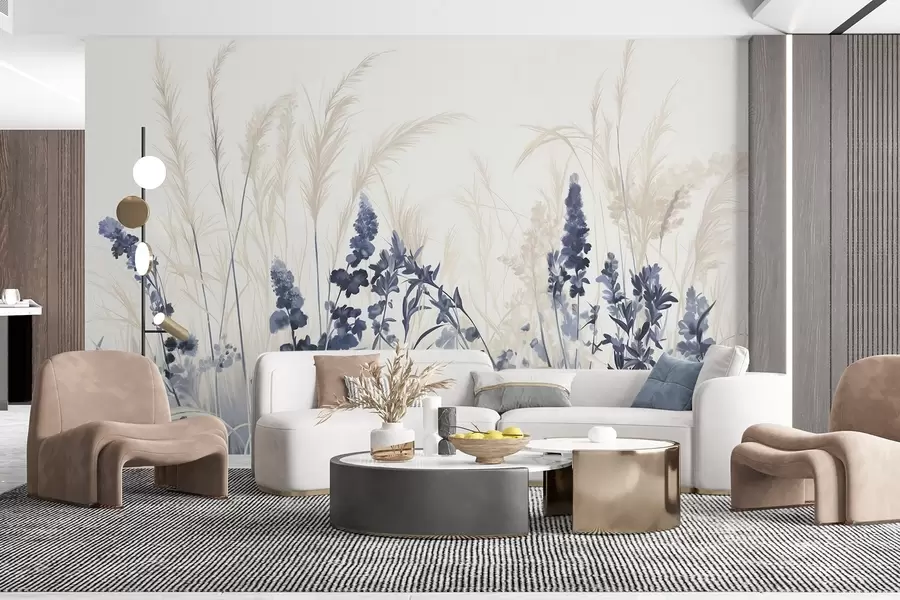 fototapet Flori albastre și trestii bej într-un câmp, textura pictura minimalist, fundal luminos, culori moi, tușe delicate  w08982