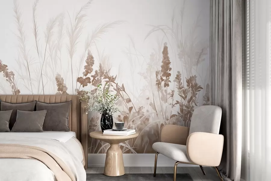 fototapet Flori maro și trestii bej într-un câmp, textura pictura minimalist, fundal luminos, culori moi, tușe delicate  w08982v1