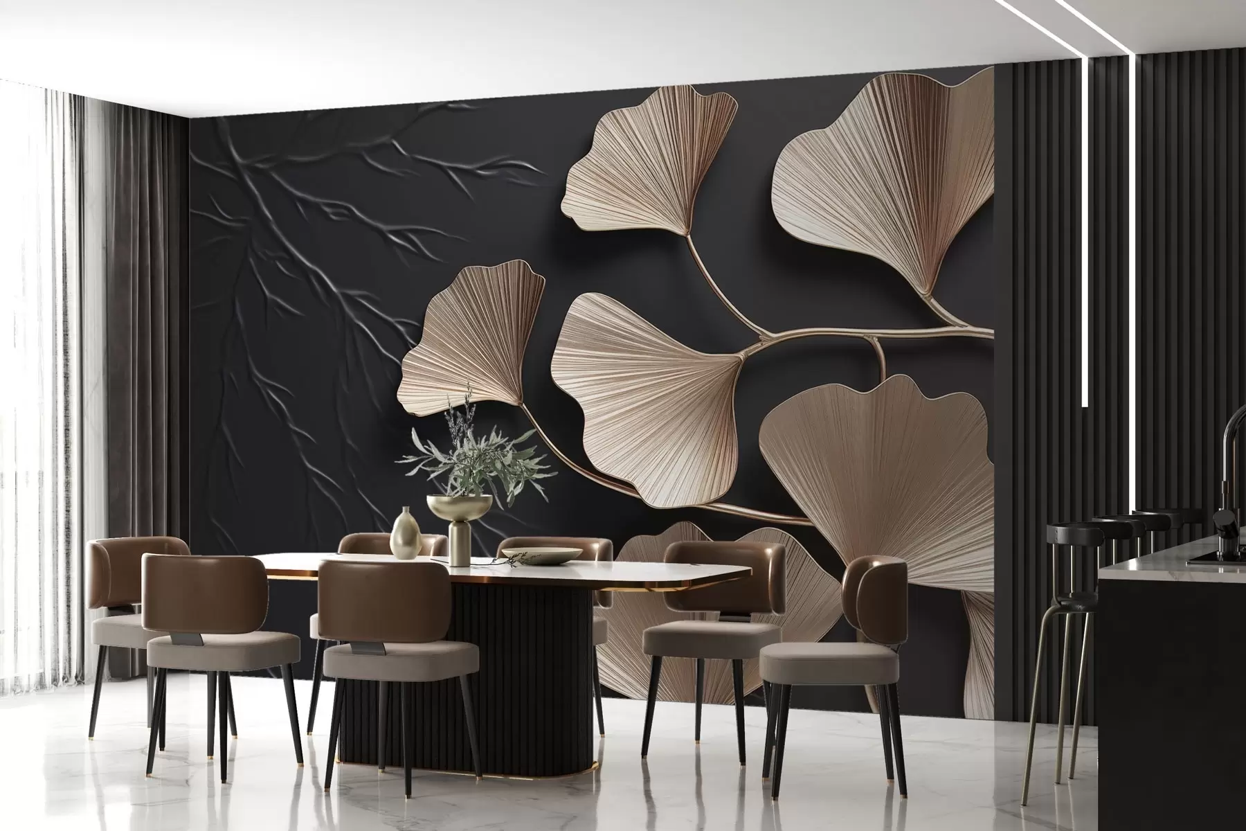 fototapet Volumetric frunziș pe un perete întunecat cu ramuri w03650