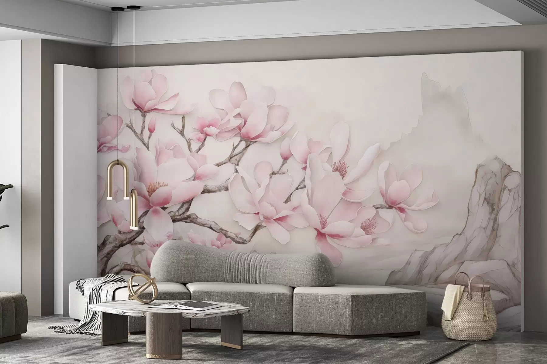 fototapet Acuarelă magnolie ramură peste o stâncă w03655