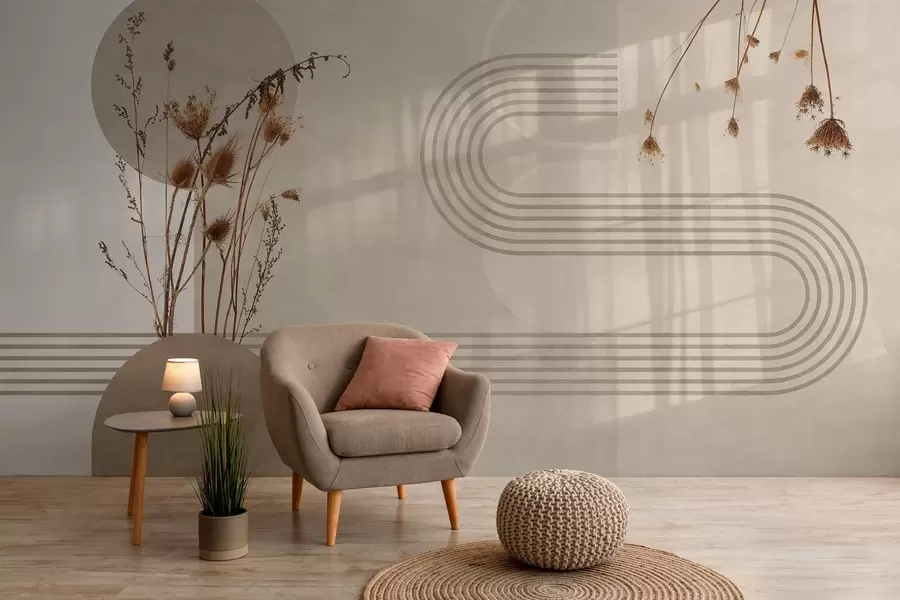 fototapet geometrie elegantă și flori uscate în tonuri de bej w03449