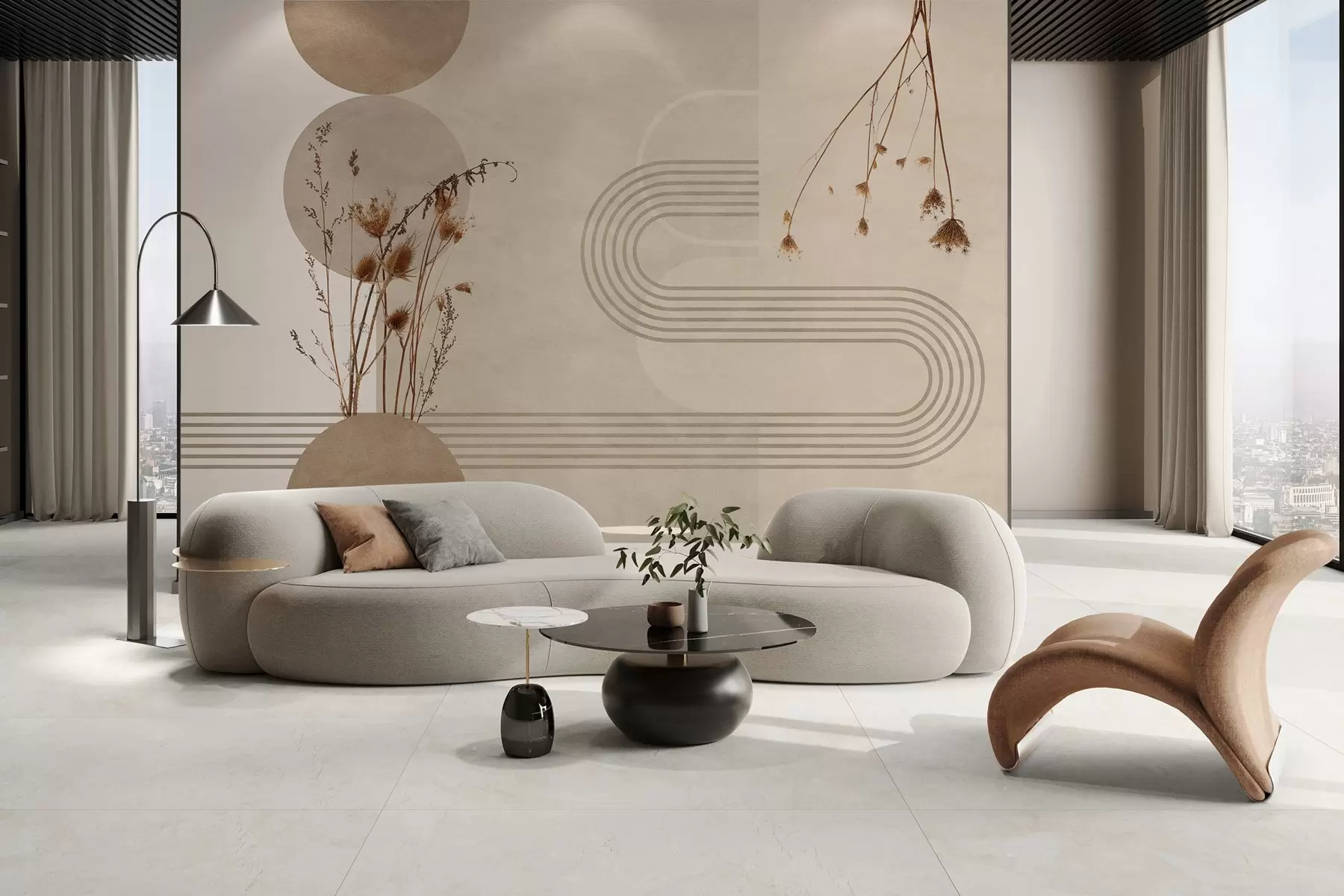 fototapet geometrie elegantă și flori uscate în tonuri de bej w03449