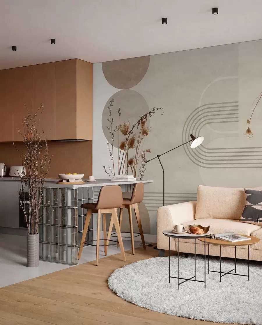 fototapet geometrie elegantă și flori uscate în tonuri de bej w03449