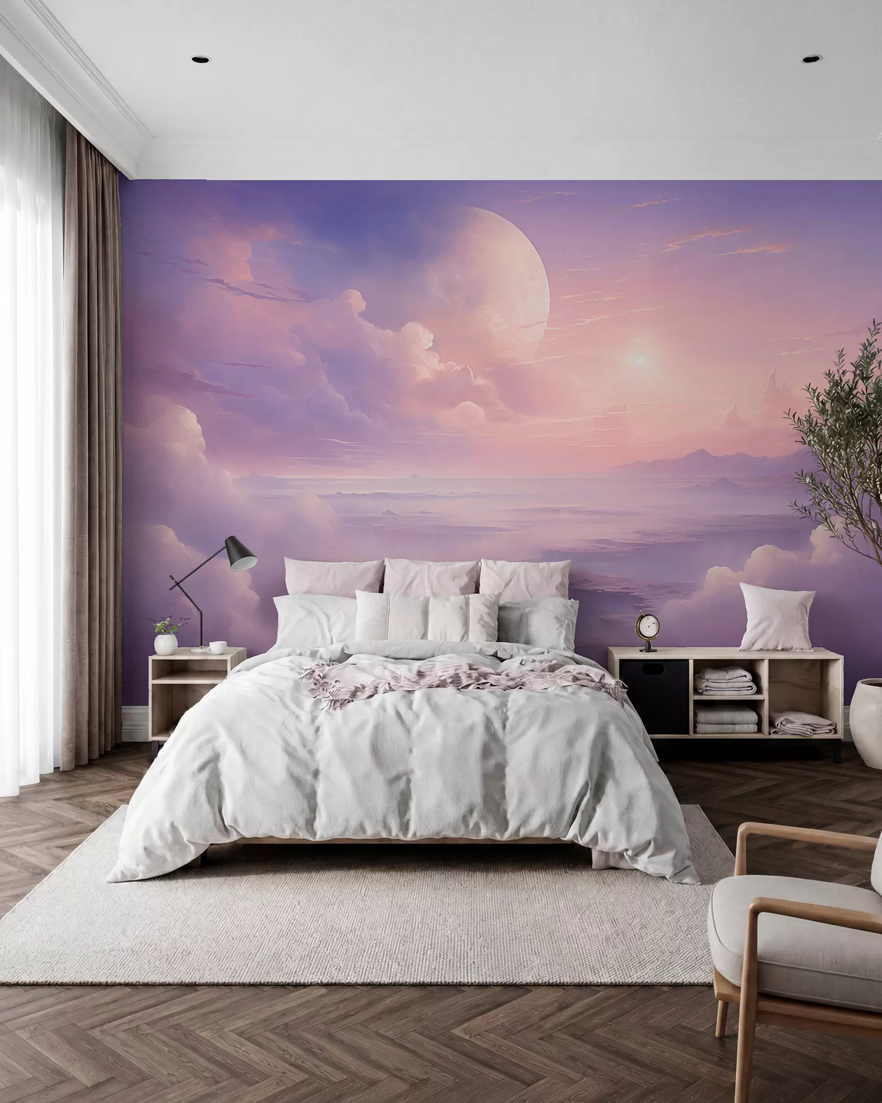 fototapet Cer magic violet-roz cu lună și nori w08986