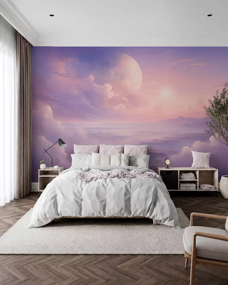 fototapet Cer magic violet-roz cu lună și nori w08986
