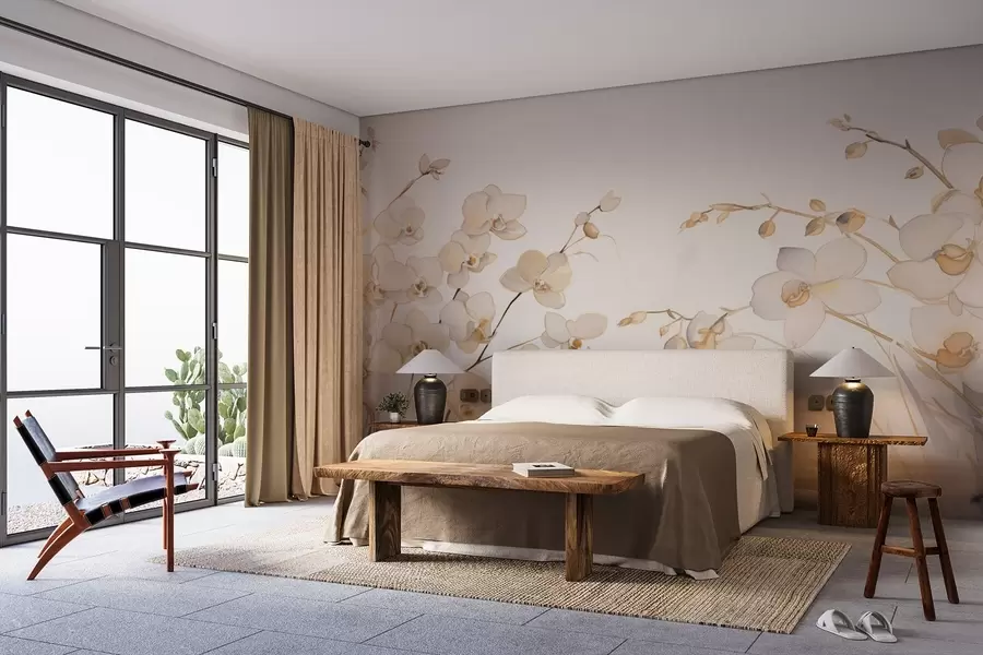 fototapet Orhidee bej în creștere pe laturile în apă în stil acuarelă w08998