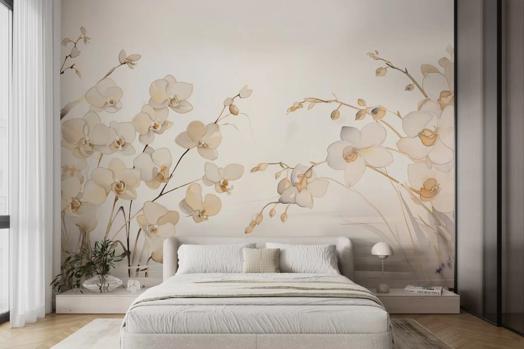 fototapet Orhidee bej în creștere pe laturile în apă în stil acuarelă w08998