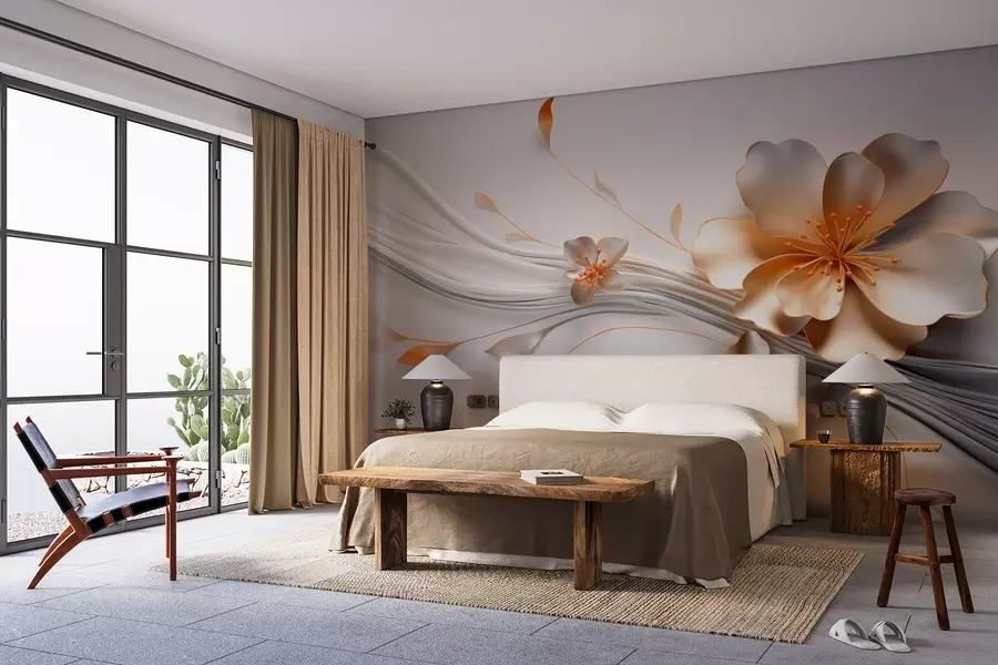 fototapet O floare portocalie pe un fundal abstract gri w09004