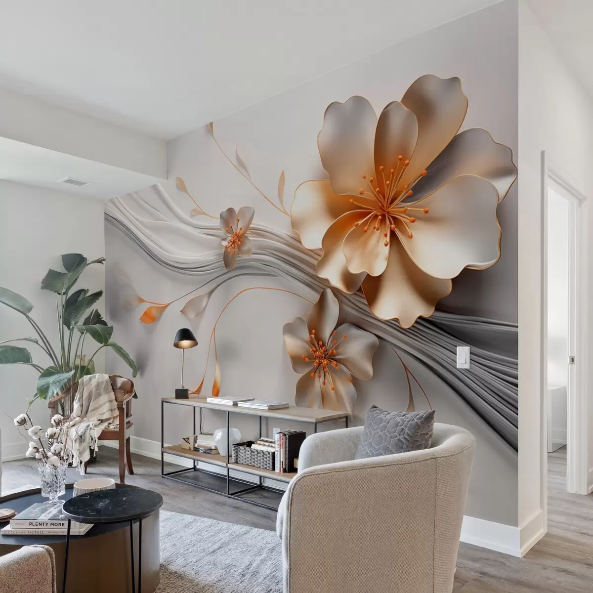 fototapet O floare portocalie pe un fundal abstract gri w09004