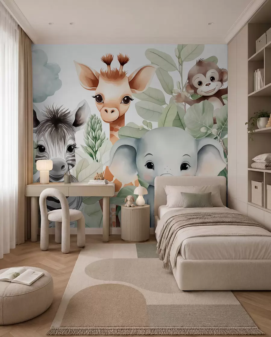 fototapet Girafă, zebră, elefant și maimuță printre frunziș w03677