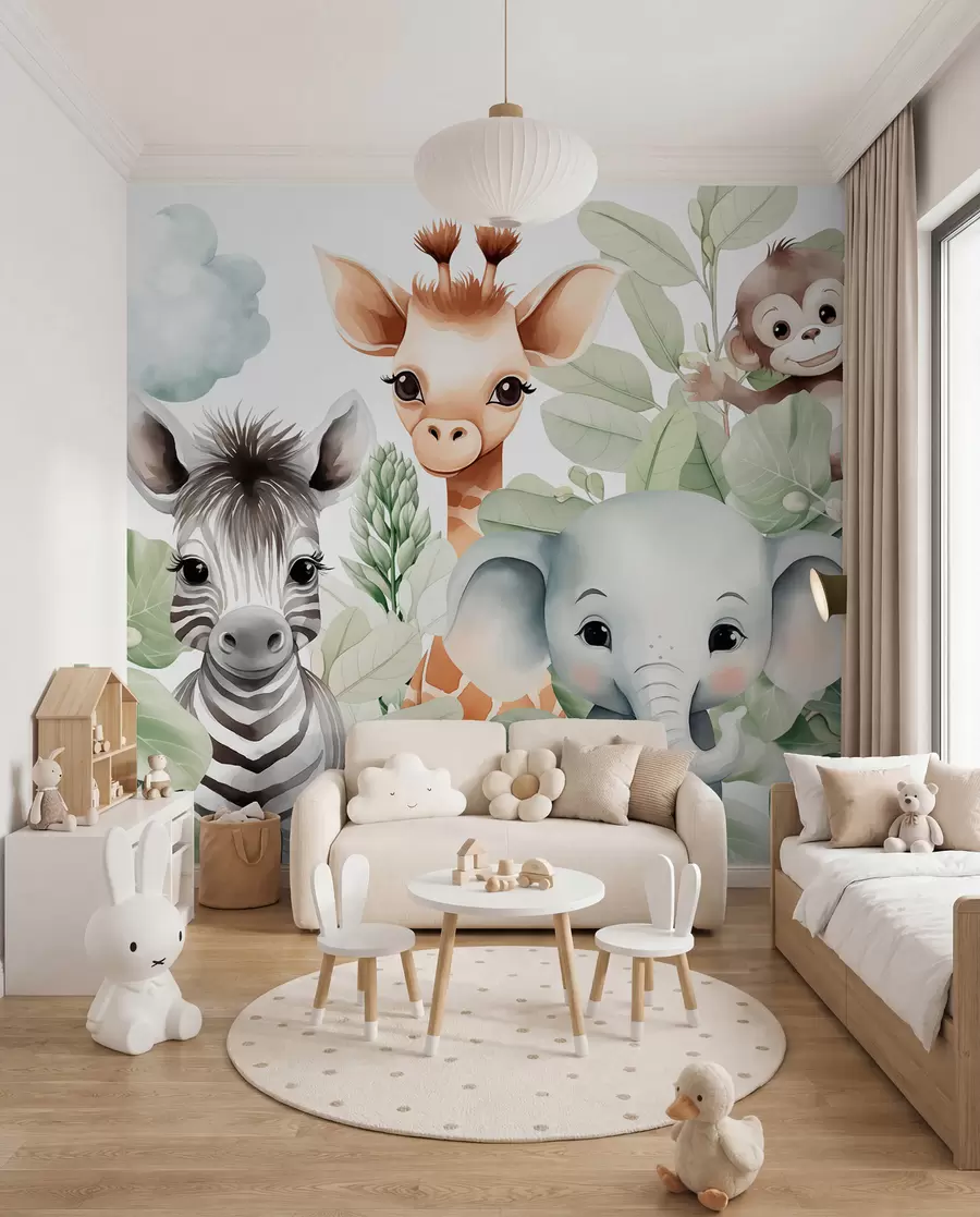 fototapet Girafă, zebră, elefant și maimuță printre frunziș w03677