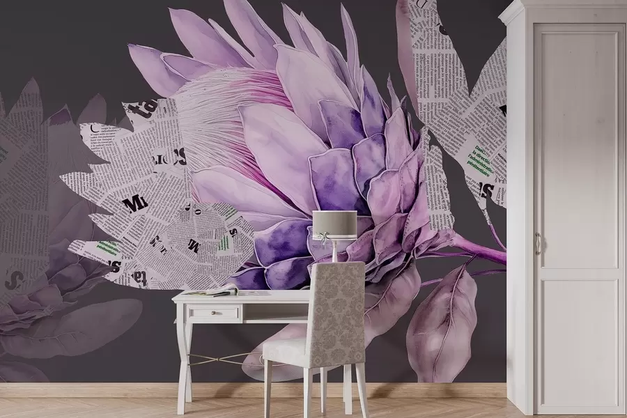 fototapet Protea flori, arta ziarului, florale, tropicale, fundal întunecat, culori violet w03667v2