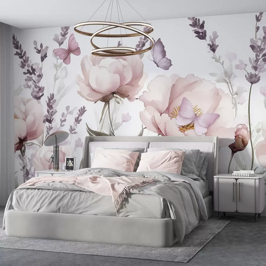 fototapet Pajiște de flori, bujori, lavandă, fluturi, stil acuarelă, culori roz w03668
