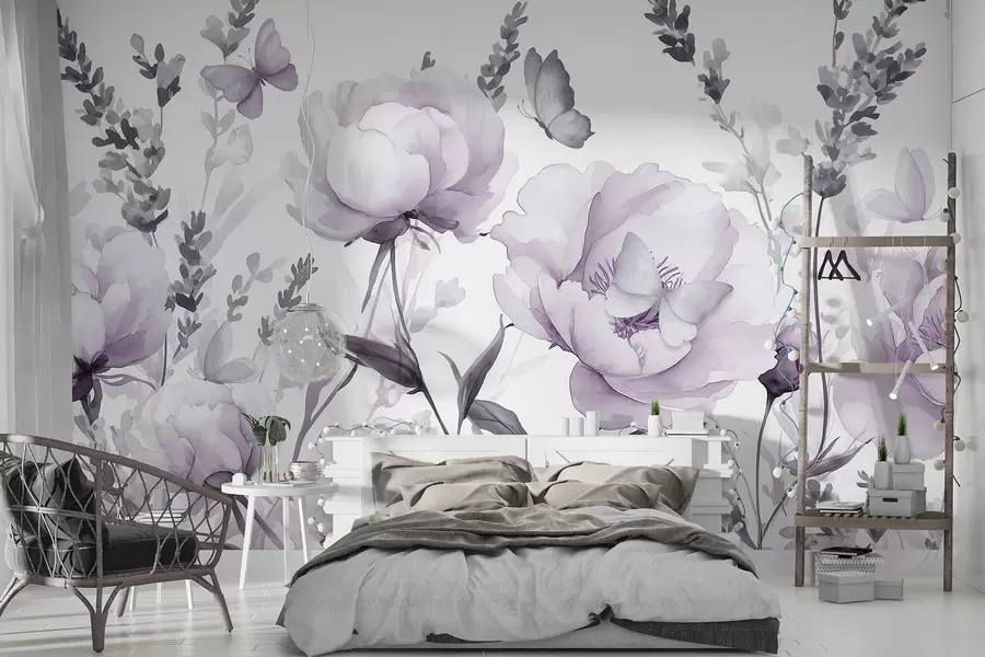 fototapet Pajiște de flori, bujori, lavandă, fluturi, stil acuarelă, culori puple w03668v3