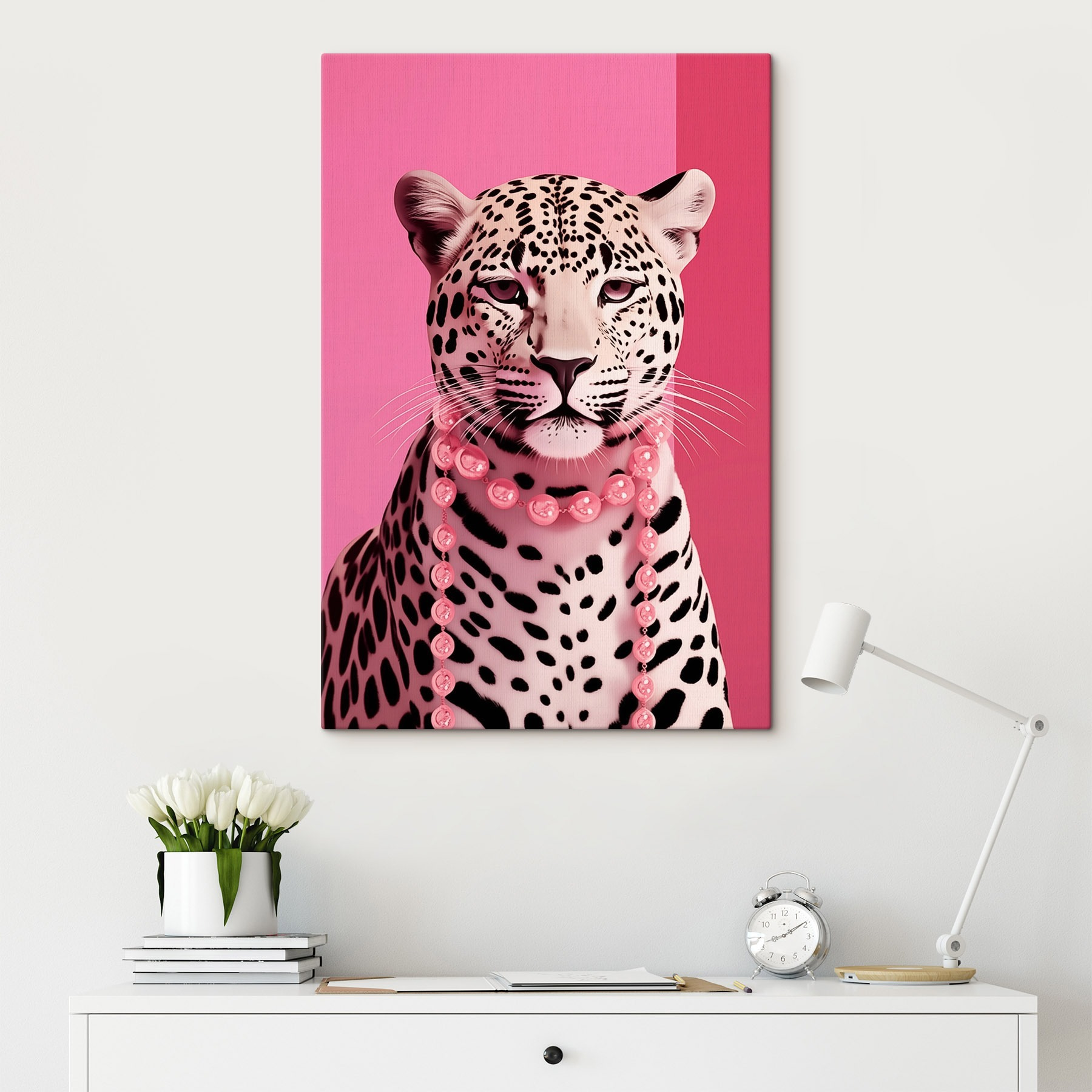 Tablouri Portret de leopard cu colier roz