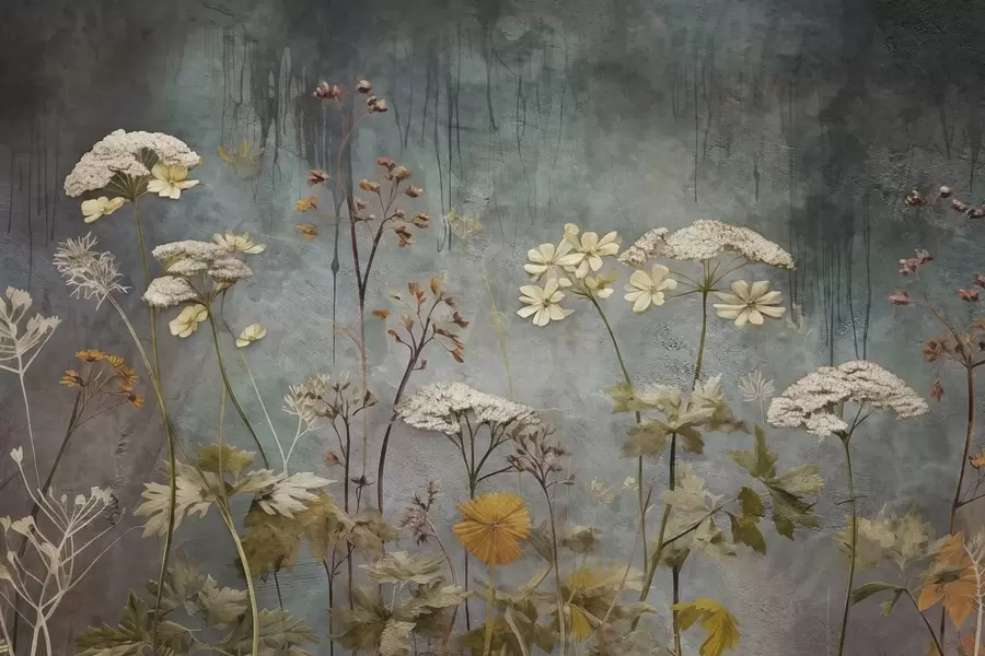 fototapet Flori sălbatice și ierburi pe fundal de perete grunge w03697