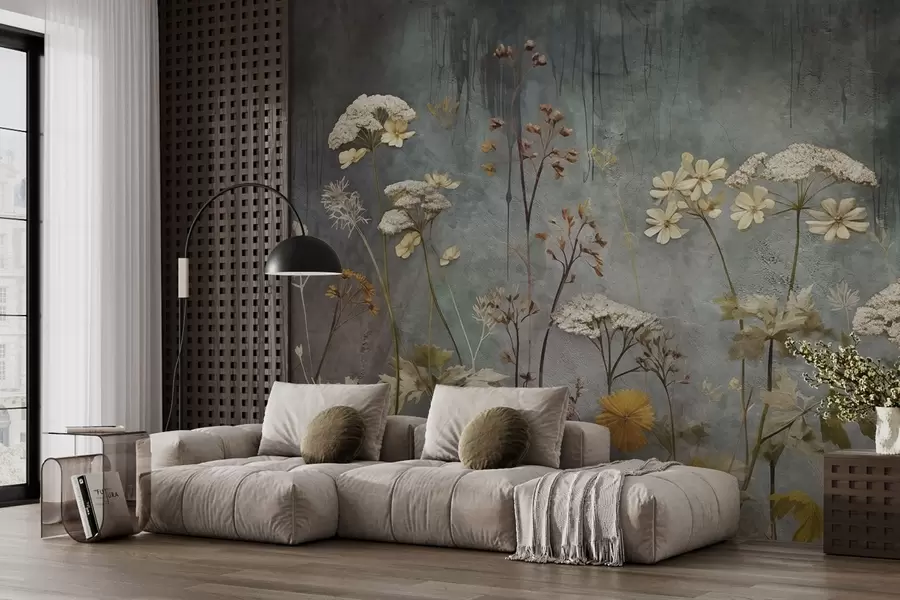 fototapet Flori sălbatice și ierburi pe fundal de perete grunge w03697