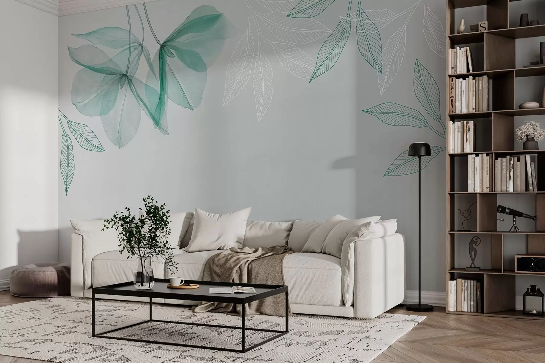 fototapet flori și frunze delicate translucide în nuanțe de verde w03616v1