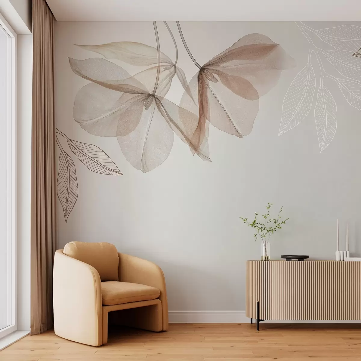 fototapet flori și frunze delicate translucide în tonuri de moka w03616v3