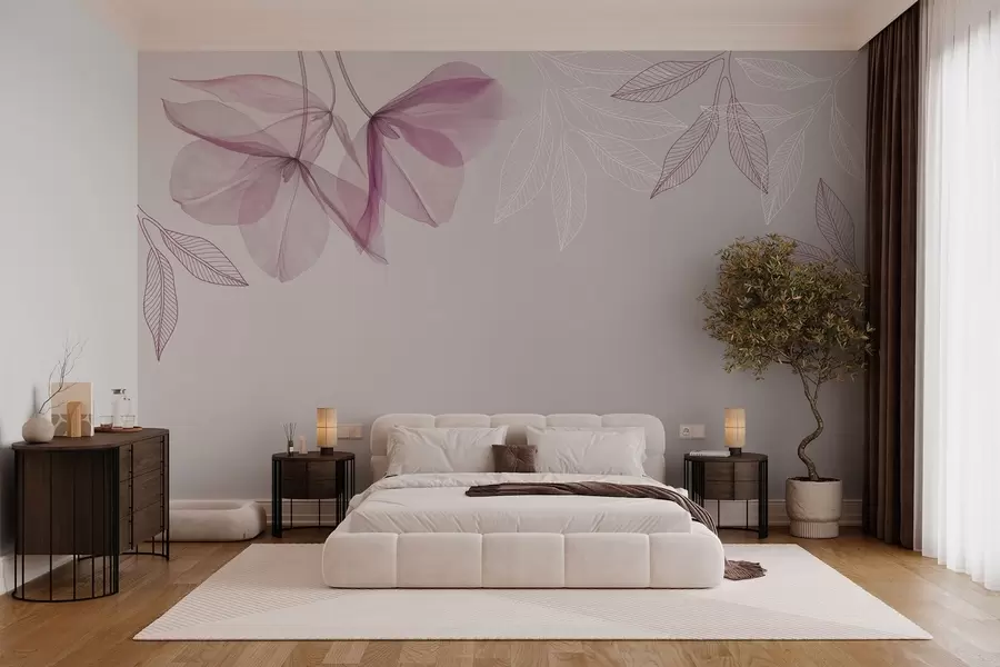 fototapet flori și frunze delicate translucide în nuanțe de violet w03616v4