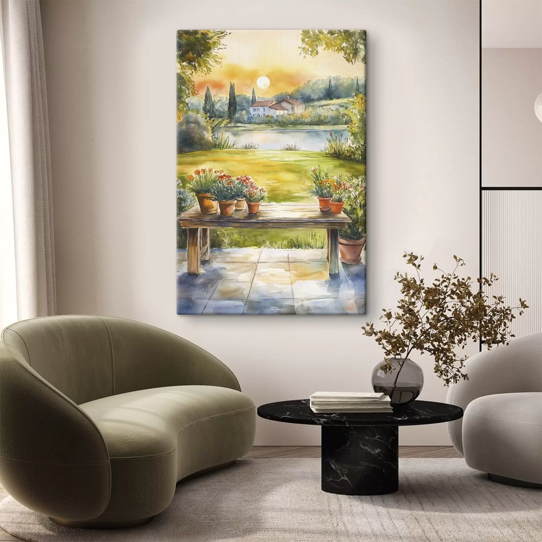 Tablouri Sat pe apus de soare, rustic, flori de vară, lac, stil acuarelă s44016